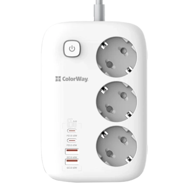 СolorWay CW-CHE34PDW 3 розетки/4USB GaN3 Pro PD Сетевой фильтр