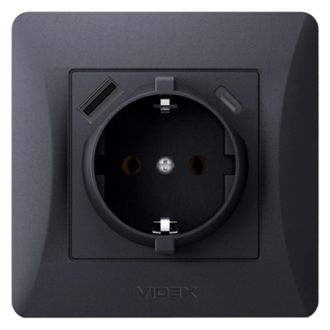 VIDEX BINERA Розетка одинарная с заземлением с USB+USB-C черный графит