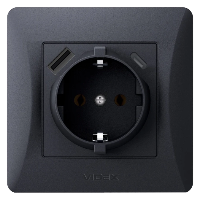 VIDEX BINERA Розетка одинарна із заземленням з USB+USB-C чорний графіт фото 1