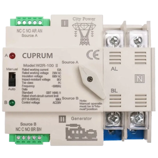 CUPRUM WR2 I-II 100А 2п АВР Перемикач з ручним перемиканням фото 1