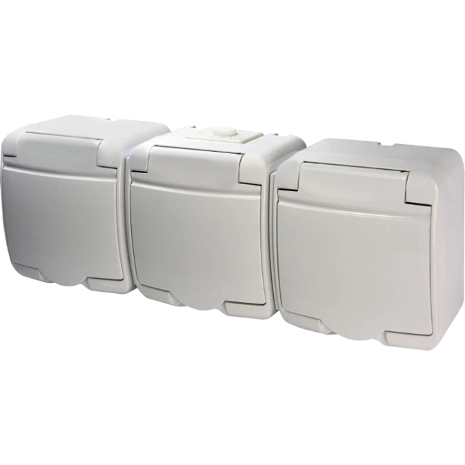 Hermetics ETI 4668023 Розетка 3-на з з/к Schuko RHE-3s (біла/біла кришка, IP54) фото 1