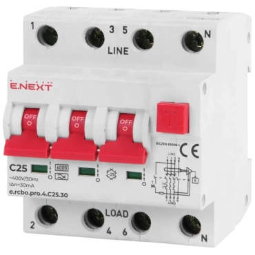 Enext e.rcbo.pro.4.C25.30, 3P+N, 25А, С, тип А, 30 Выключатель дифференциального тока с защитой от сверхтоков