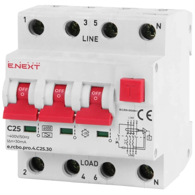 Enext e.rcbo.pro.4.C25.30, 3P+N, 25А, С, тип А, 30 Вимикач диференціального струму із захистом від надструмів фото 1