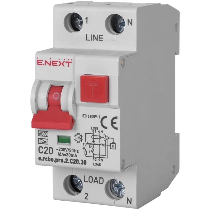 Enext e.rcbo.pro.2.C20.30, 1P+N, 20А, С, тип А, 30 Вимикач диференціального струму із захистом від надструмів фото 1