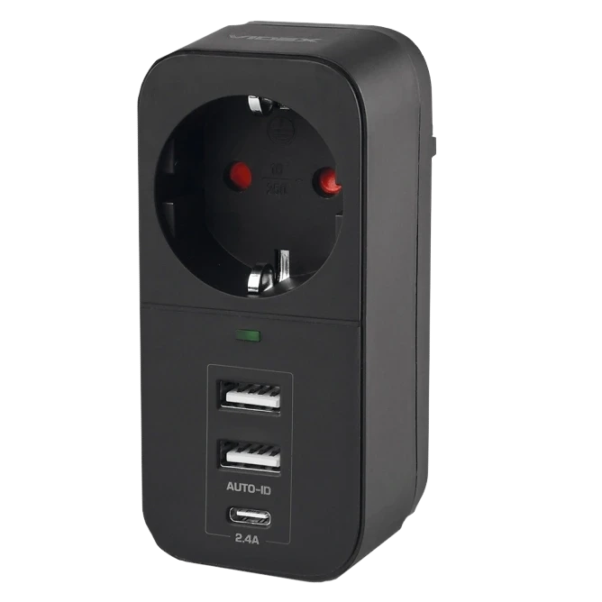 VIDEX ONCORD з/з 1п 2.4A 2USB+USB-C Black Мережевий адаптер з заземленням фото 1