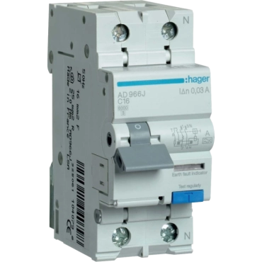 Hager 1+N С16/30mA 6кА, тип-A AD966J Дифавтомат
