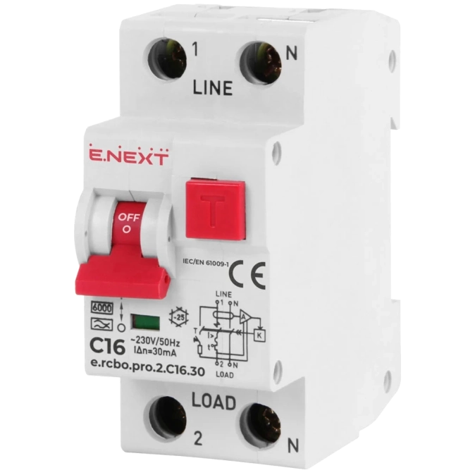 Enext e.rcbo.pro.2.C16.30, 1P+N, 16А, С, тип А, 30 Вимикач диференціального струму із захистом від надструмів фото 1