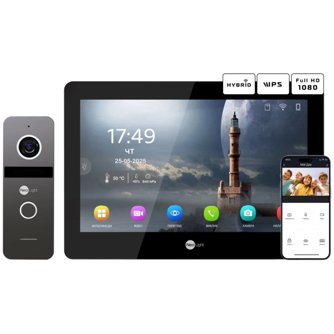 Neolight MEZZO Hybrid Black + SOLO IPW Graphite з кутком, PoE адаптер для панелі виклику Комплект відеодомофону фото 1