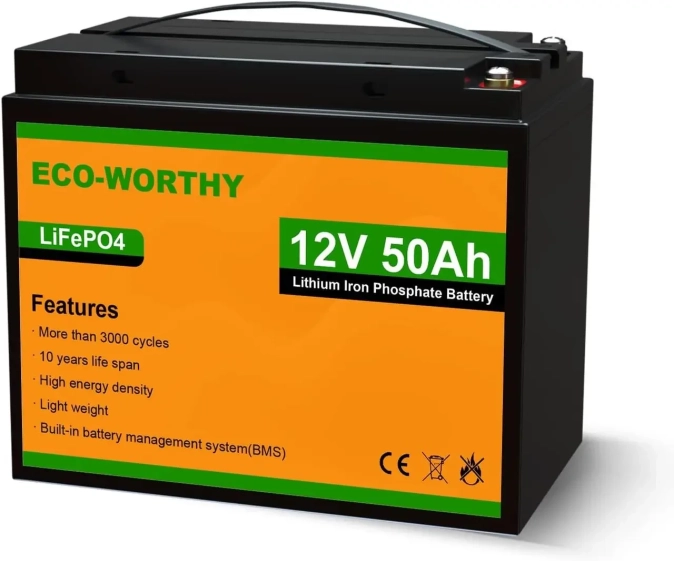 Акумулятор Eco Worthy LiFePO4 12V 50Ah (640Wh) із вбудованим BMS, 3000+ циклів